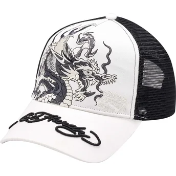 Gorra trucker blanca y negra Mono Giant Dragon de Ed Hardy