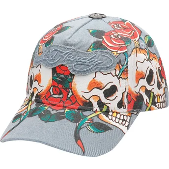 Gorra curva azul ajustable Skull Rose Denim de Ed Hardy