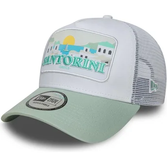 Gorra trucker blanca y verde Santorini Greece A Frame Summer de New Era