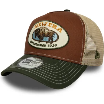 Gorra trucker marrón y verde A Frame Animal Patch de búfalo de New Era