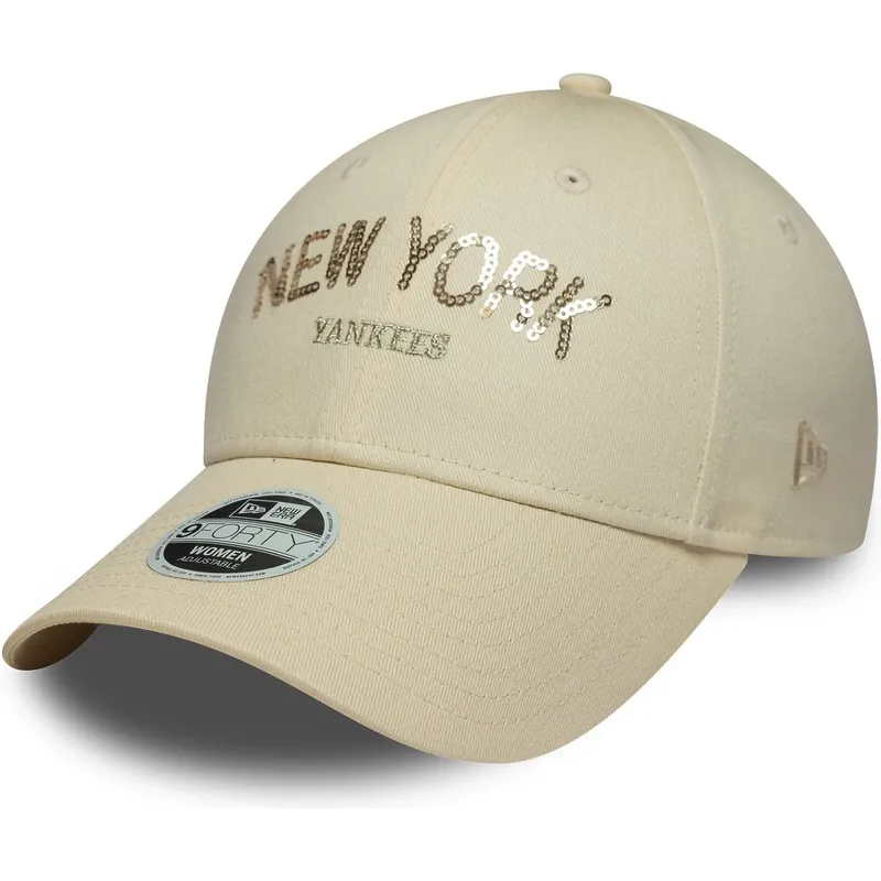 gorra-curva-beige-ajustable-para-mujer-9forty-sequin-wordmark-de-new-york-yankees-mlb-de-new-era