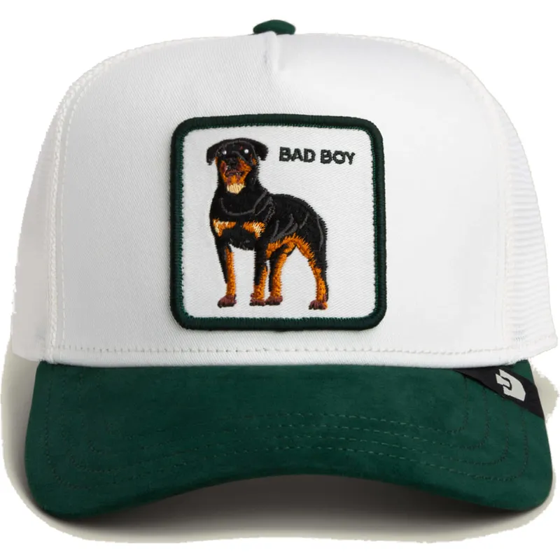 gorra-trucker-blanca-y-verde-perro-rottweiler-microsuede-bad-boy-the-farm-de-goorin-bros