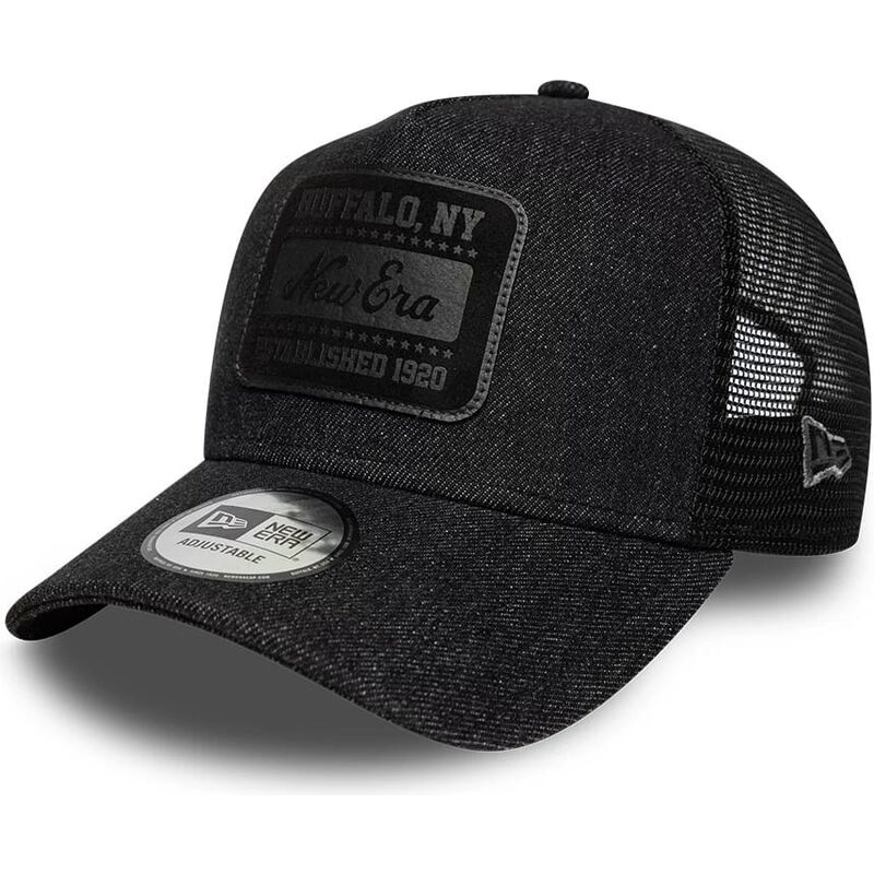 gorra-trucker-negra-con-logo-negro-a-frame-patch-denim-de-new-era gorra-trucker-negra-con-logo-negro-a-frame-patch-denim-de-new-era