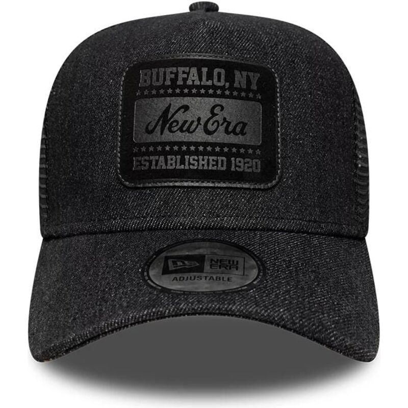 gorra-trucker-negra-con-logo-negro-a-frame-patch-denim-de-new-era gorra-trucker-negra-con-logo-negro-a-frame-patch-denim-de-new-era