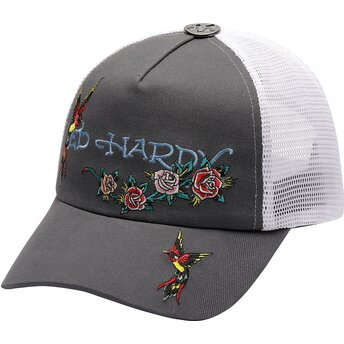 Gorra trucker gris y blanca Floral Swallow de Ed Hardy