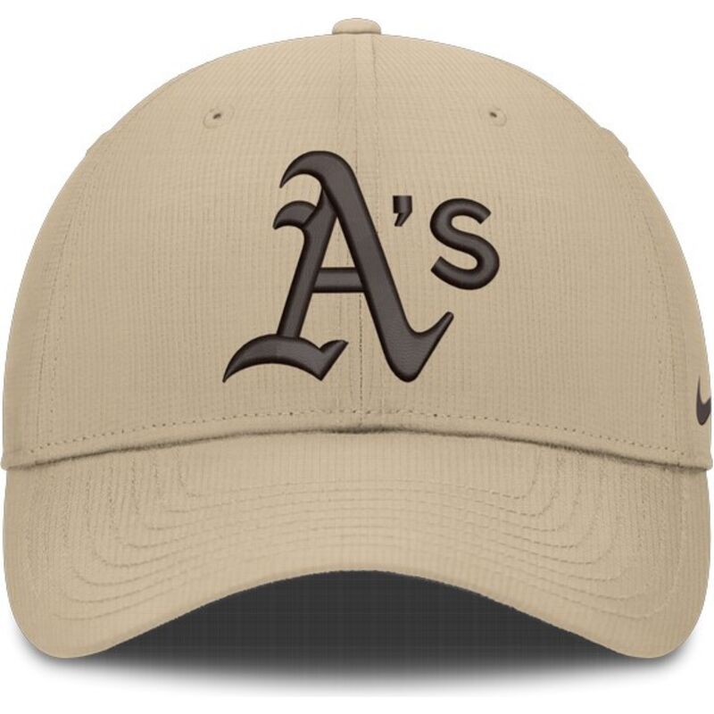 gorra-curva-beige-ajustable-con-logo-marron-structured-uv-poly-ripstop-de-oakland-athletics-mlb-de-nike