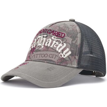 Gorra trucker gris Floral Tattoo City Vintage Wash de Ed Hardy