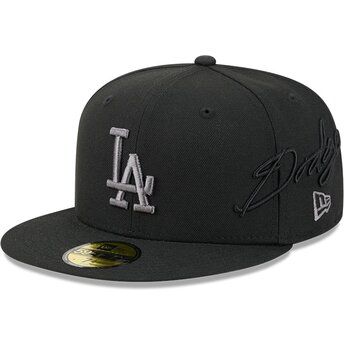 Gorra plana negra ajustada con logo gris 59FIFTY Side Script de Los Angeles Dodgers MLB de New Era
