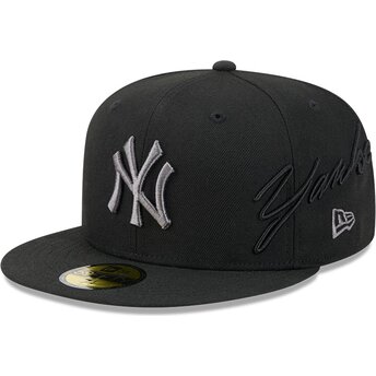 Gorra plana negra ajustada con logo gris 59FIFTY Side Script de New York Yankees MLB de New Era
