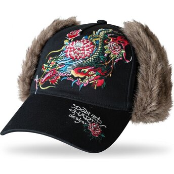 Gorra curva negra ajustada Crawling Dragon Trapper de Ed Hardy