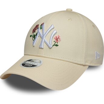 Gorra curva beige snapback para mujer 9FORTY Rose Sequin de New York Yankees MLB de New Era
