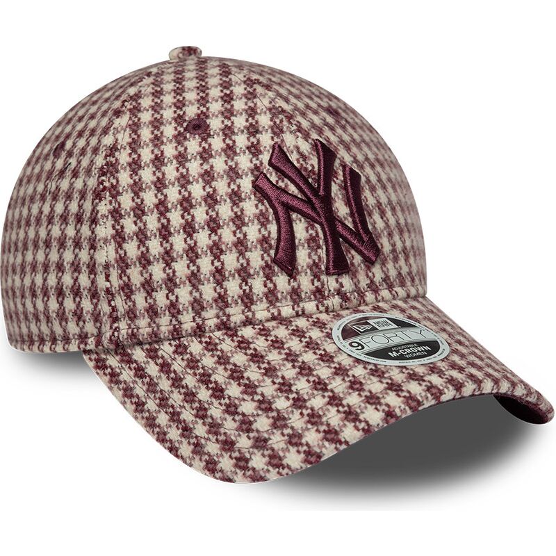 gorra-curva-granate-y-beige-ajustable-para-mujer-con-logo-granate-9forty-m-crown-houndstooth-de-new-york-yankees-mlb-de-new-era gorra-curva-granate-y-beige-ajustable-para-mujer-con-logo-granate-9forty-m-crown-houndstooth-de-new-york-yankees-mlb-de-new-era