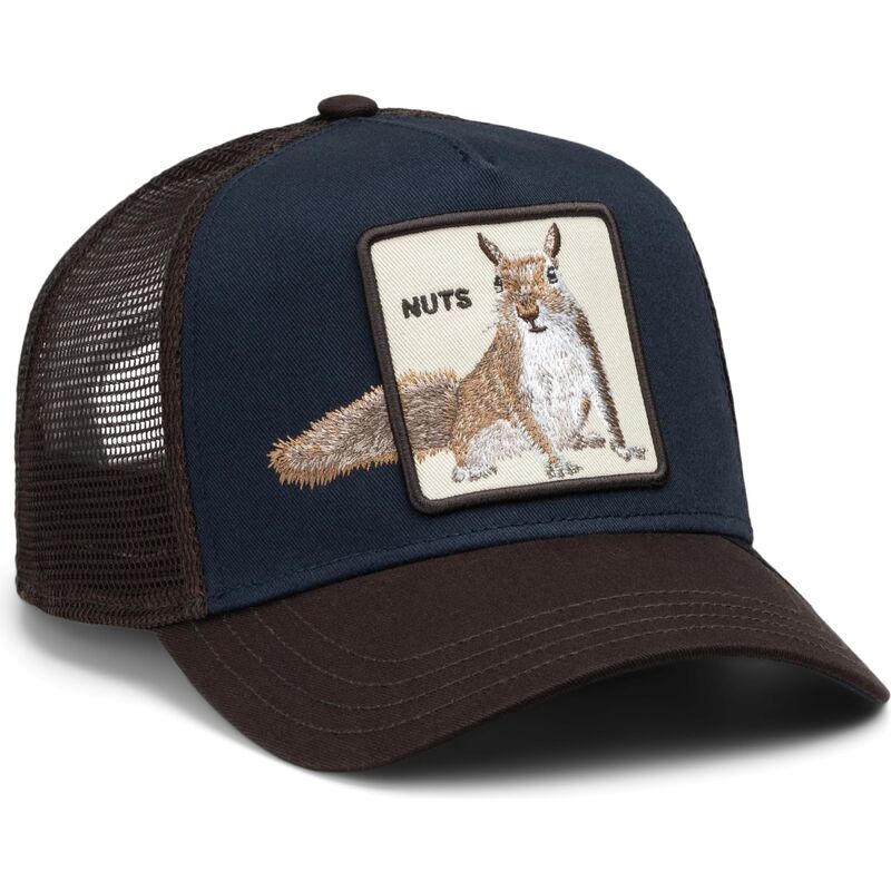 gorra-trucker-marron-y-azul-marino-ardilla-over-the-line-squirrel-out-of-bounds-nuts-the-farm-de-goorin-bros