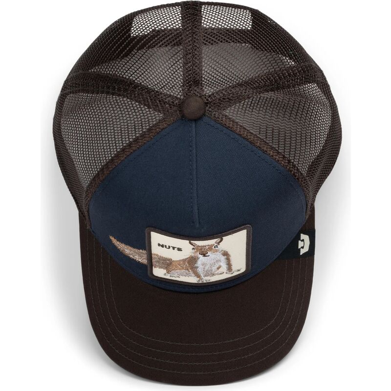 gorra-trucker-marron-y-azul-marino-ardilla-over-the-line-squirrel-out-of-bounds-nuts-the-farm-de-goorin-bros