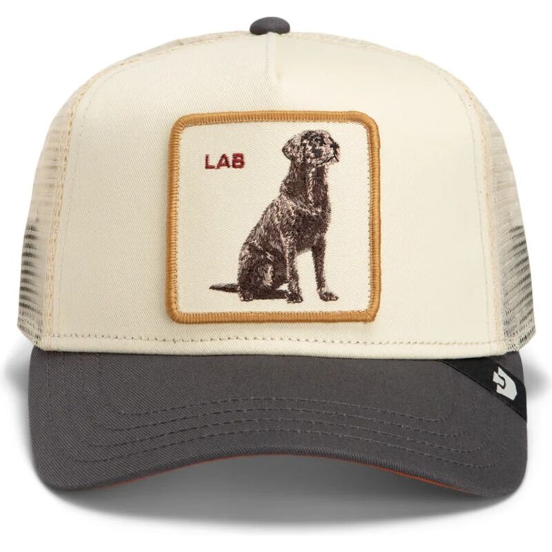 gorra-trucker-crema-y-gris-perro-shadow-lab-off-the-leash-the-farm-de-goorin-bros