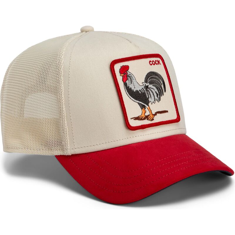 gorra-trucker-roja-y-beige-gallo-the-suede-rooster-microsuede-cock-the-farm-de-goorin-bros