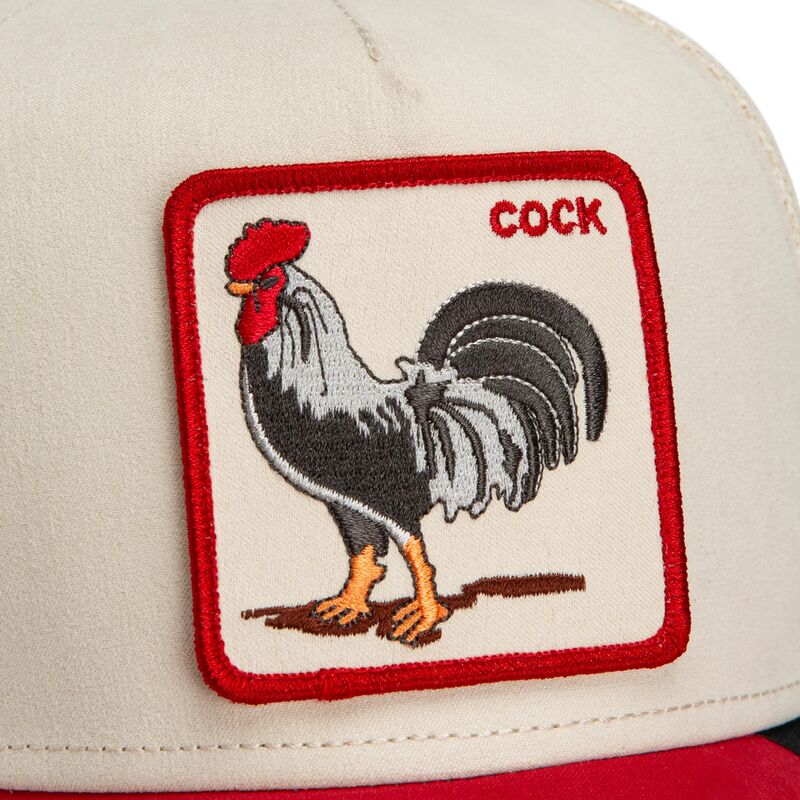 gorra-trucker-roja-y-beige-gallo-the-suede-rooster-microsuede-cock-the-farm-de-goorin-bros