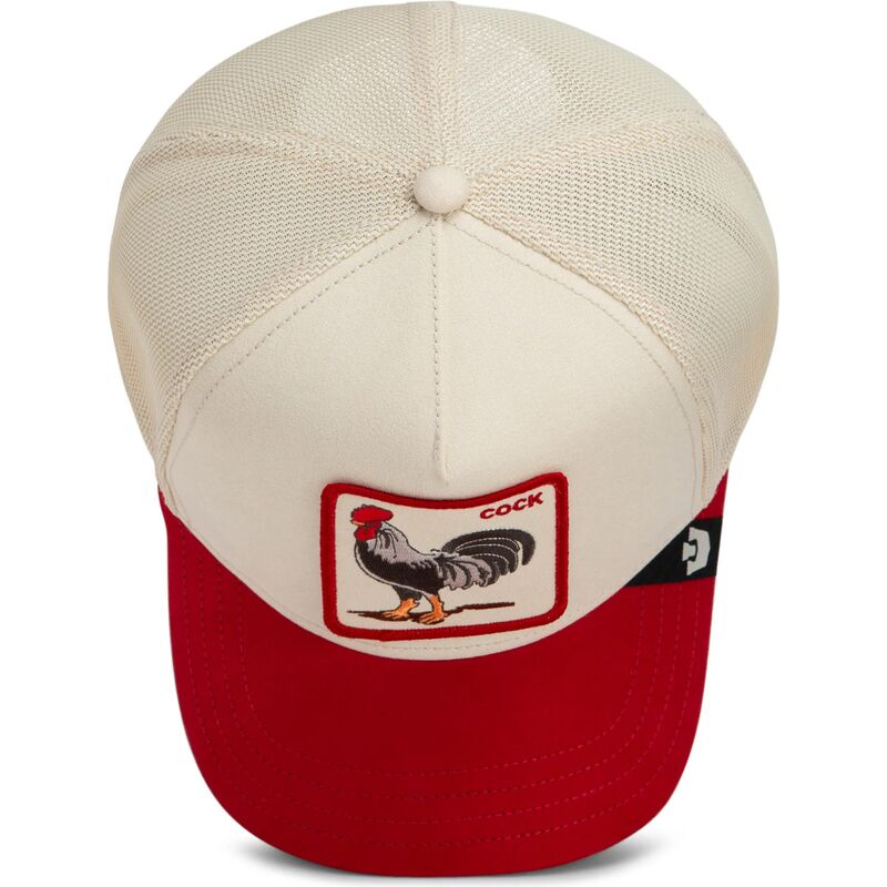 gorra-trucker-roja-y-beige-gallo-the-suede-rooster-microsuede-cock-the-farm-de-goorin-bros