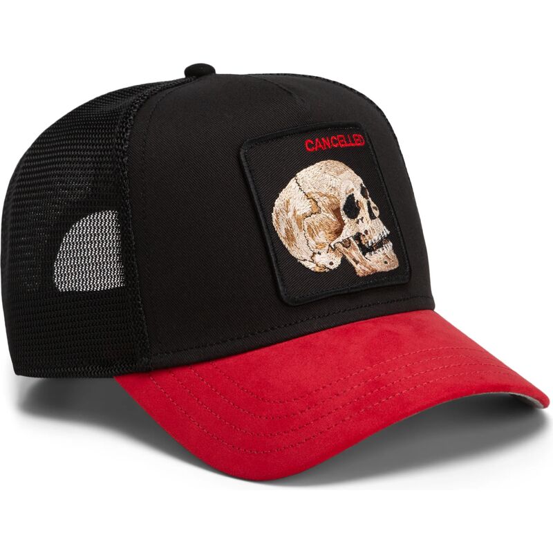 gorra-trucker-negra-y-roja-calavera-cancelled-skull-trucker-microsuede-the-farm-de-goorin-bros gorra-trucker-negra-y-roja-calavera-cancelled-skull-trucker-microsuede-the-farm-de-goorin-bros