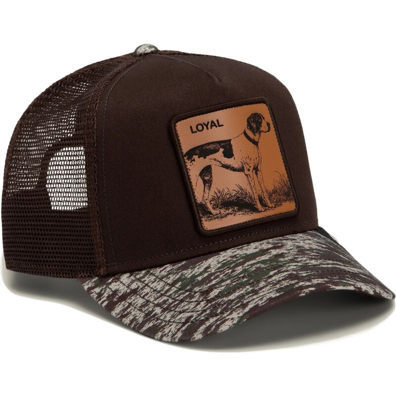 gorra-trucker-marron-y-camuflaje-perro-engraved-dog-camo-glitch-the-farm-de-goorin-bros