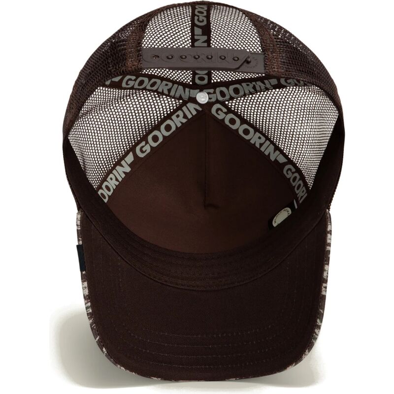 gorra-trucker-marron-y-camuflaje-perro-engraved-dog-camo-glitch-the-farm-de-goorin-bros