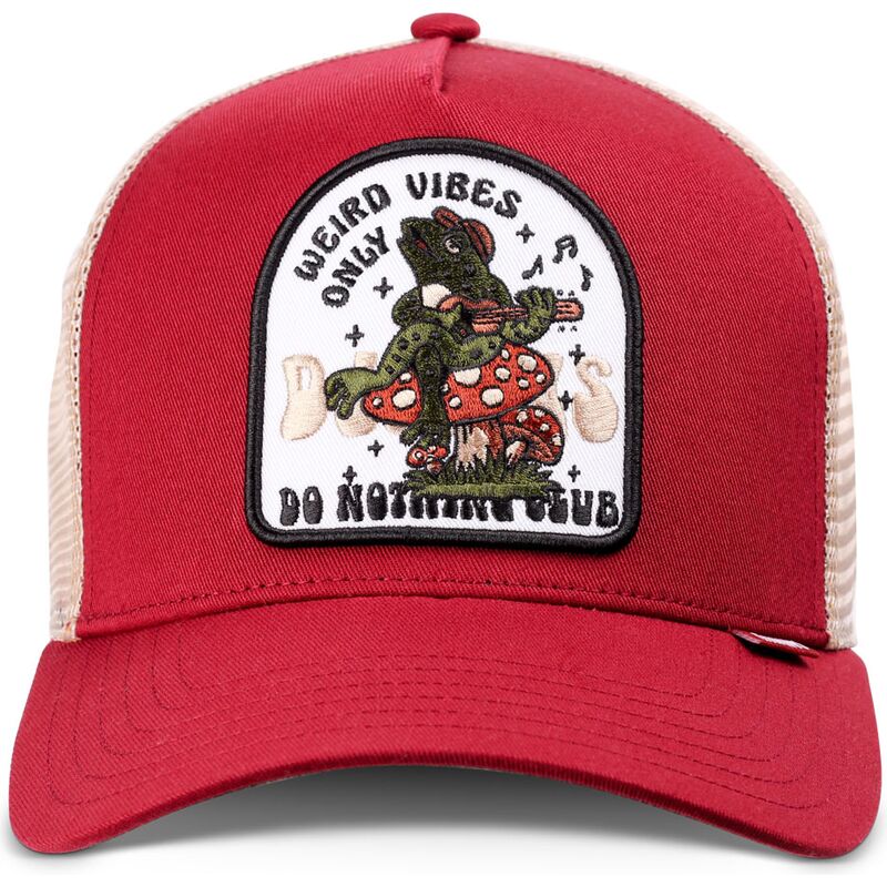 gorra-trucker-roja-y-beige-hft-do-nothing-club-weird-vibes-frog-de-djinns